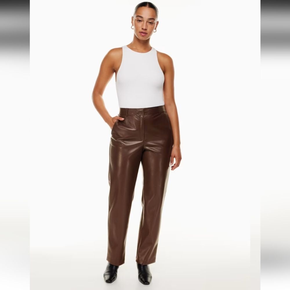 Babaton Command Faux Vegan Leather Brown Mid Rise Straigh Leg Pant